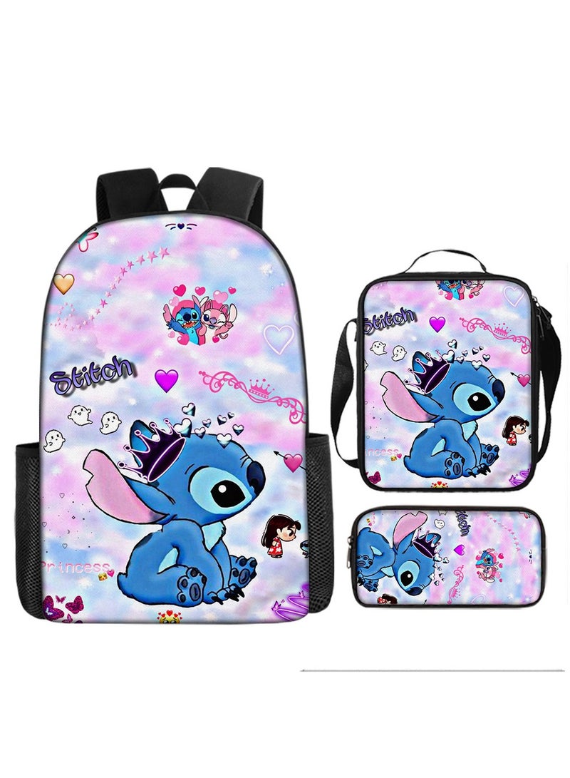 Anime Stitch Three Piece School Bag for Primary and Secondary School Students Large Capacity Backpack Backpack