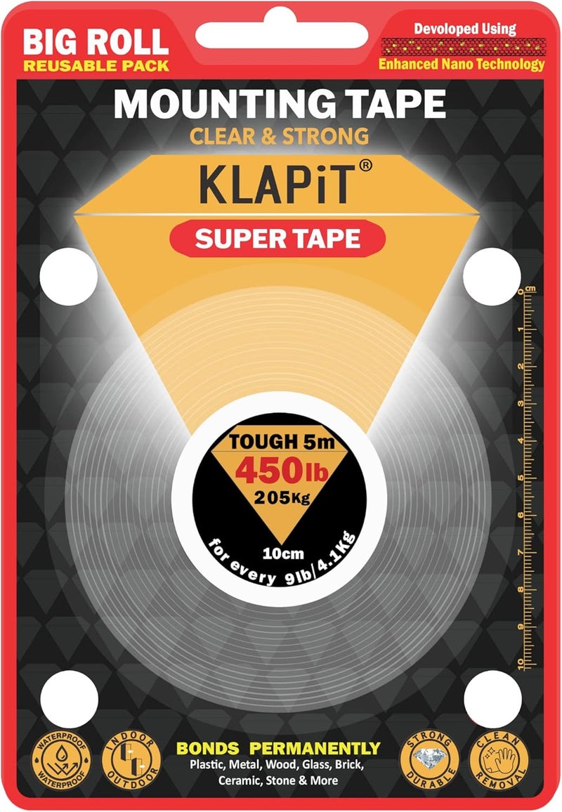 كلابيت شريط نانو سوبر تيب، شريط مزدوج الجوانب، شريط شديد التحمل، شريط مانع للانزلاق، شريط تثبيت للاستخدام الخارجي الشديد، سطح خشن، ظروف قاسية، شريط سجاد متين بطول 5 أمتار يتحمل وزن 205 كجم