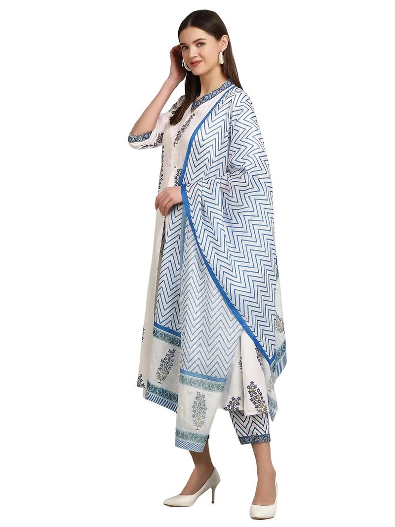 Tee Projekt Women's Cotton Blend Collared Neck Block Printed Kurta Pant with Dupatta Set White - Image 1