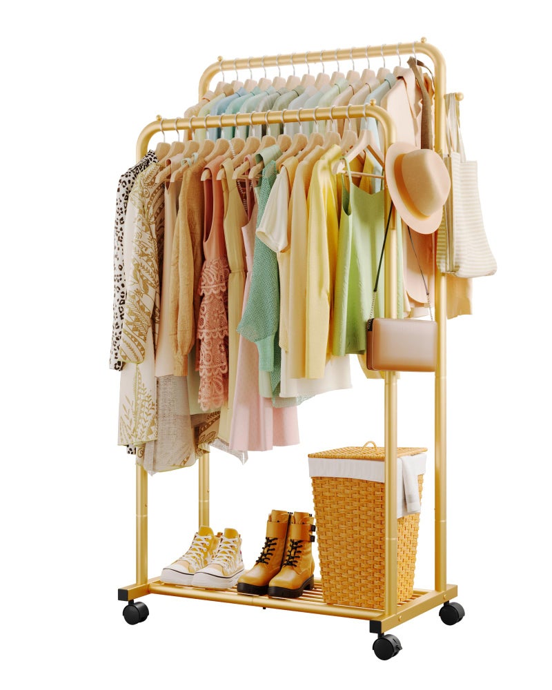Sakugi Clothes Rack  Double Rods Clothing Rack with Mesh Shelf Hooks  Wheels Metal Clothing Racks for Hanging Clothes  Bags Multifunctional Garment Rack for Laundry Gold 287 x 165 x 591