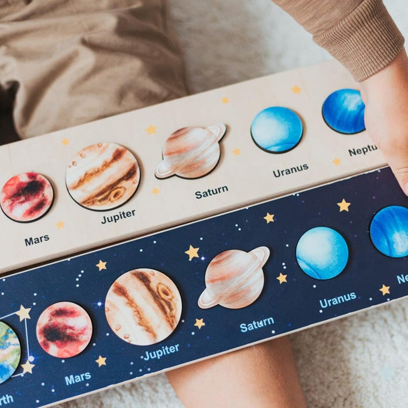 Wooden Solar System Model Puzzle for Kids, Montessori Planet Solar System Wooden Toy, Education Matching Puzzle Educational Toys for Boys Gifts (Yellow) - Image 4