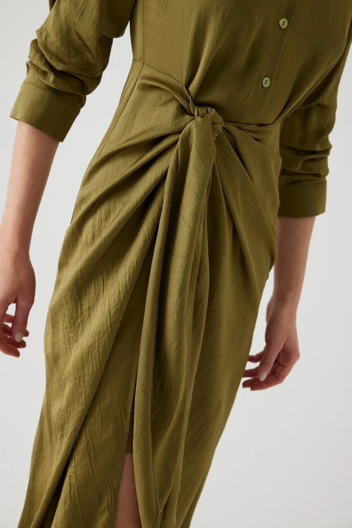 EXQUISE Khaki Midi Shirt Dress with Waist-Fitting Sleeve Detail and Belt