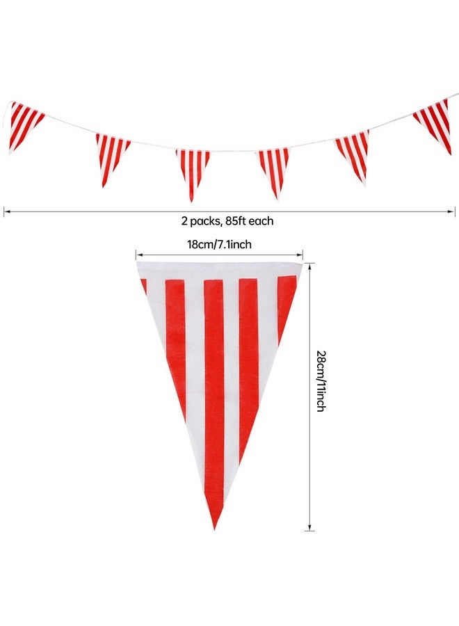 RUBFAC 170Ft 120Pcs Red And White Striped Pennant Banner, Carnival Circus Decorations Supplies, String Triangle Bunting Flags, Kids Birthday, New Year Eve Celebration Supplies - Image 2