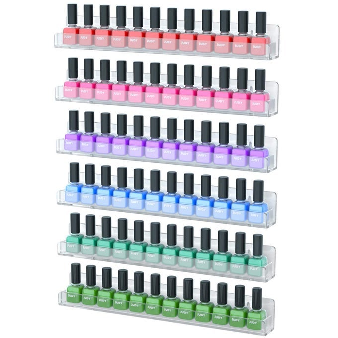 6 Pack Nail Polish Rack Wall Mounted Shelf with Removable Anti-slip End Inserts, Clear Acrylic Nail Polish Organizer Display 90 Bottles