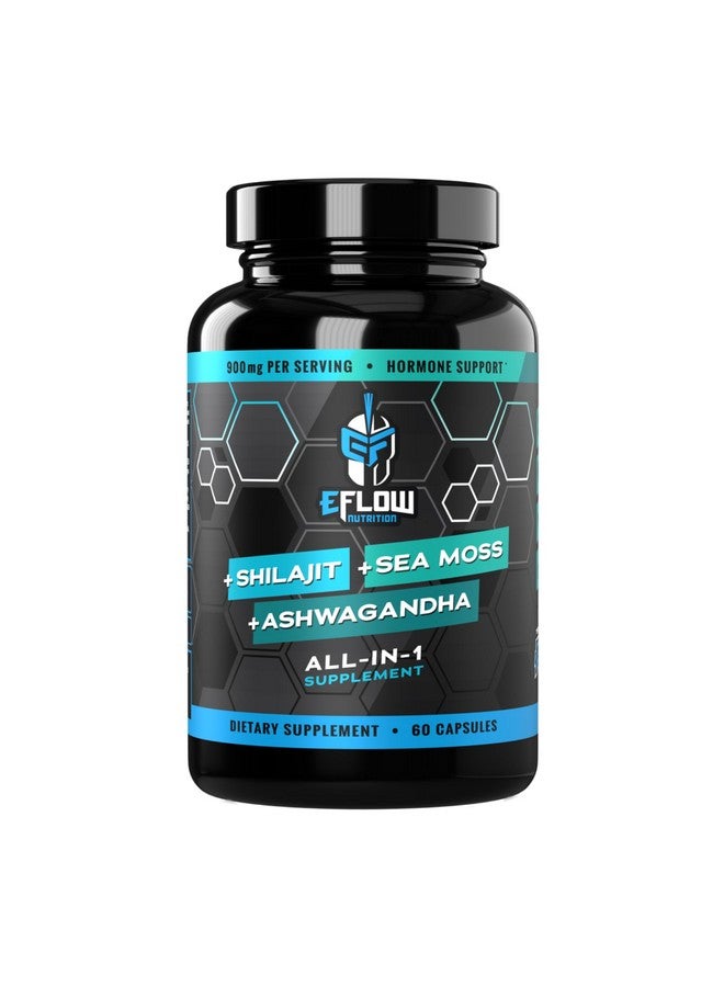 eFlow Nutrition Shilajit Capsules, Ashwagandha, Sea Moss [All-in-1] Trace Minerals, Fulvic Acid, Lab Tested Pure Himalayan Shilajit for Men & Women | Energy, Vitality & Hormonal Support (60 Capsules) - Image 1