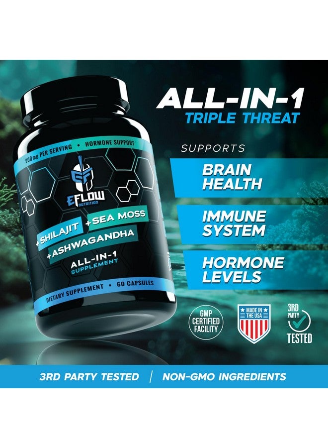 eFlow Nutrition Shilajit Capsules, Ashwagandha, Sea Moss [All-in-1] Trace Minerals, Fulvic Acid, Lab Tested Pure Himalayan Shilajit for Men & Women | Energy, Vitality & Hormonal Support (60 Capsules) - Image 2