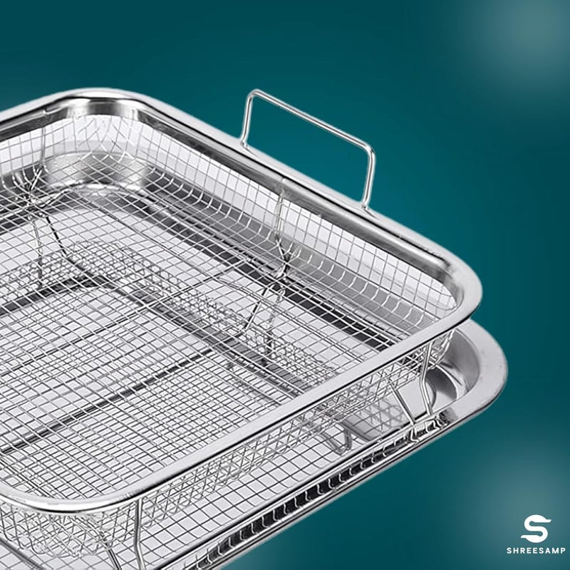 SHREESAMP SHREESAMP Non-Stick Square Air Fryer Basket with Tray for Oven, Versatile Stainless Steel Cooking Pan for French Fries, BBQ Baking and Frying Basket Cooking Tray, Mesh Grill Crisper Tray for Oven Use  - Image 2