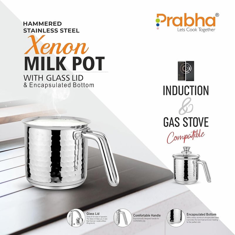 Prabha Stainless Steel Hammered Milk Pot 14cm - Set of 2 | Induction Base, Enhanced Efficiency for Kitchen Mastery - Image 3