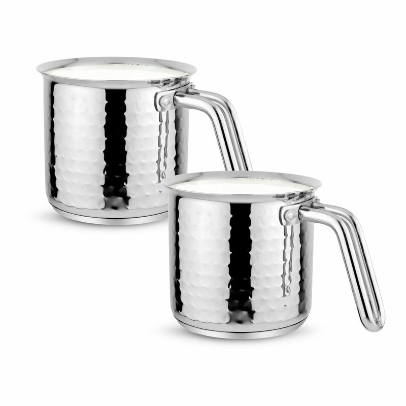 Prabha Stainless Steel Hammered Milk Pot 14cm - Set of 2 | Induction Base, Enhanced Efficiency for Kitchen Mastery - Image 1