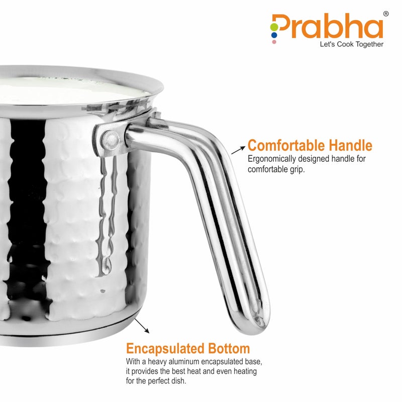 Prabha Stainless Steel Hammered Milk Pot 14cm - Set of 2 | Induction Base, Enhanced Efficiency for Kitchen Mastery - Image 4