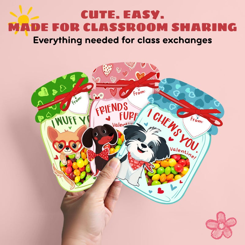 MAPDTWO 36 Packs Dog Valentines Cards - Dog Valentines Day Cards for Kids, Boys Girls, School Classroom Party Favors - Dogs 6 Designs Exchange, 4.1''x 6.1'' Puppy Mason Jar Card (Candy Not Included) - Image 4