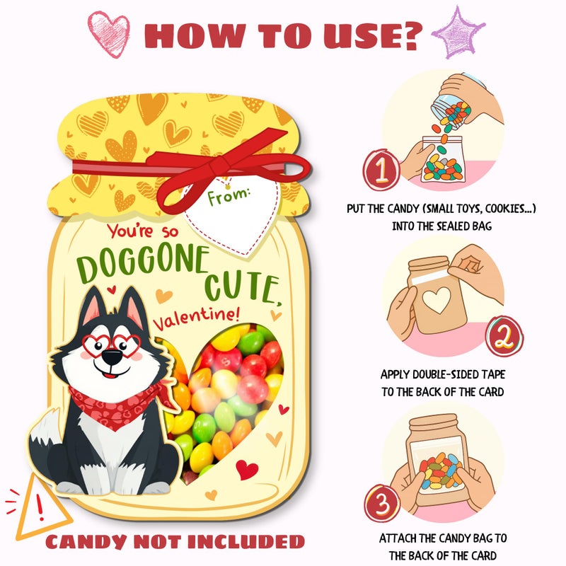 MAPDTWO 36 Packs Dog Valentines Cards - Dog Valentines Day Cards for Kids, Boys Girls, School Classroom Party Favors - Dogs 6 Designs Exchange, 4.1''x 6.1'' Puppy Mason Jar Card (Candy Not Included) - Image 3