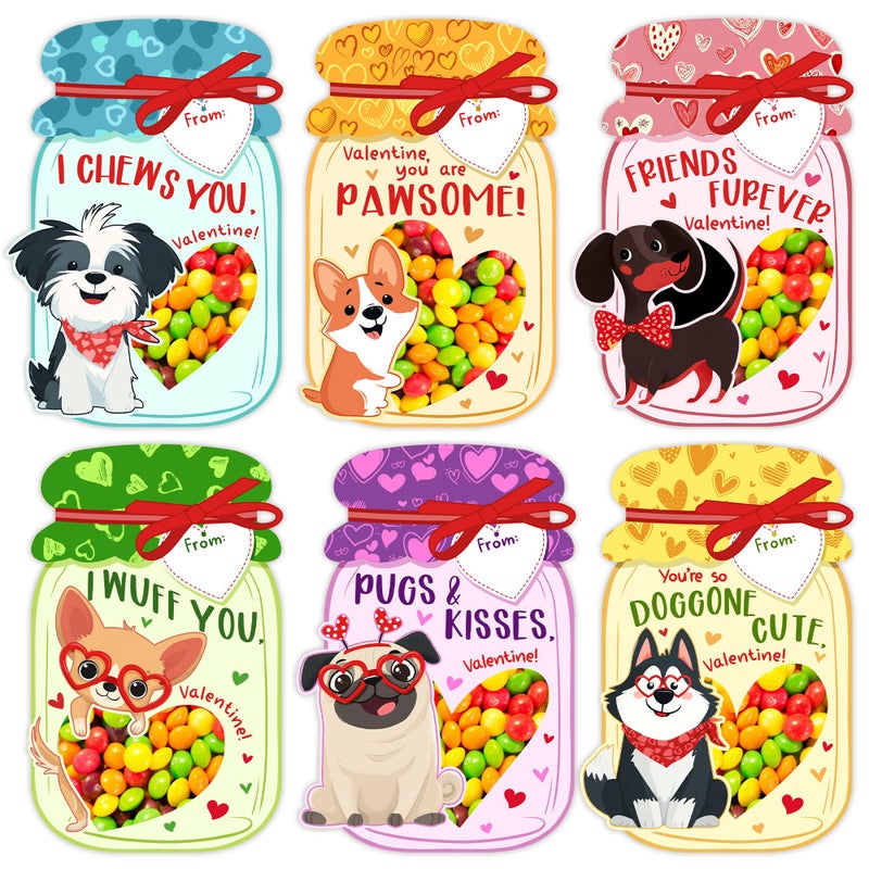 MAPDTWO 36 Packs Dog Valentines Cards - Dog Valentines Day Cards for Kids, Boys Girls, School Classroom Party Favors - Dogs 6 Designs Exchange, 4.1''x 6.1'' Puppy Mason Jar Card (Candy Not Included) - Image 1