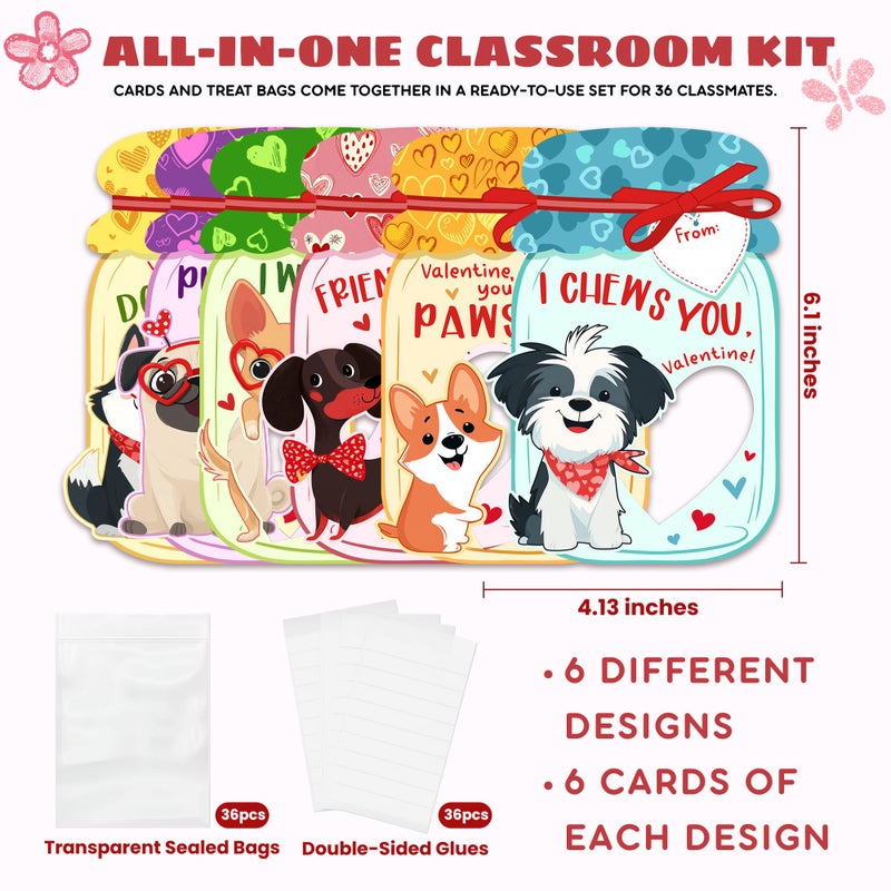 MAPDTWO 36 Packs Dog Valentines Cards - Dog Valentines Day Cards for Kids, Boys Girls, School Classroom Party Favors - Dogs 6 Designs Exchange, 4.1''x 6.1'' Puppy Mason Jar Card (Candy Not Included) - Image 2