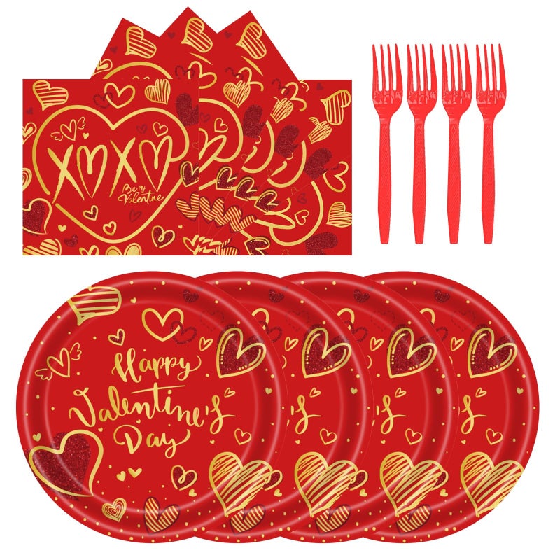LYFREE 72Pcs Happy Valentine's Day Plates and Napkins Party Supplies Red & Gold Heart Paper Plates and Napkins with Forks 7inch Disposable Love Heart Dessert Plate Tableware Decorations for Valentines Day - Image 1