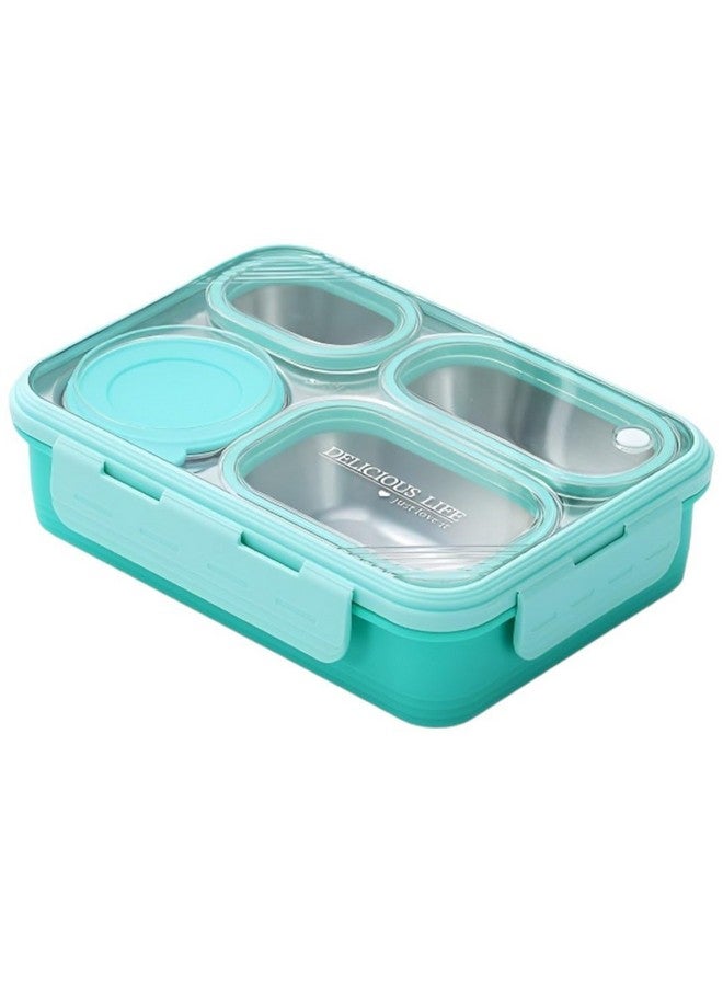 ATTRO Relish 4 Lunch Box Comes with 4 Inner Steel Compartments, 1 Small Bowl with lid, 1 Spoon & Chopstick Air-Tight Leakproof- 800ml + 150ml Mint Green - Image 1