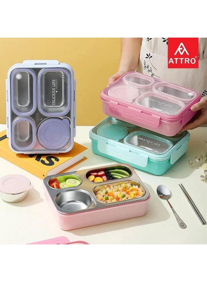 ATTRO Relish 4 Lunch Box Comes with 4 Inner Steel Compartments, 1 Small Bowl with lid, 1 Spoon & Chopstick Air-Tight Leakproof- 800ml + 150ml Mint Green - Image 2