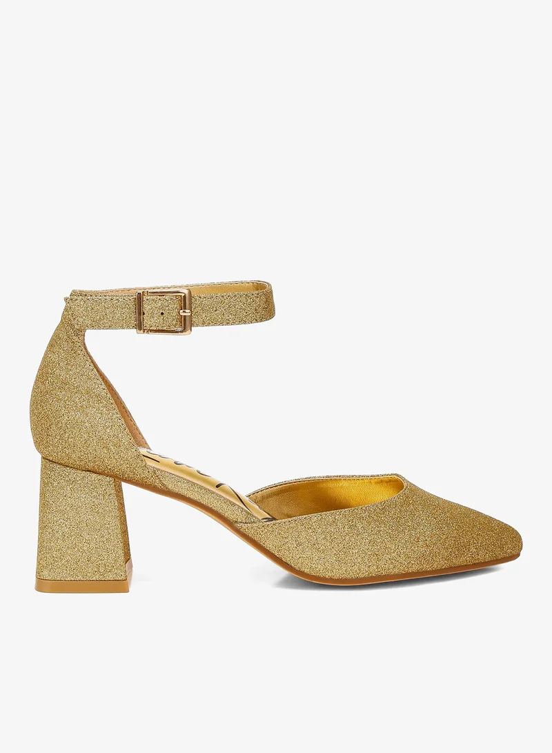 Glitter Block Heel Sandals in Gold