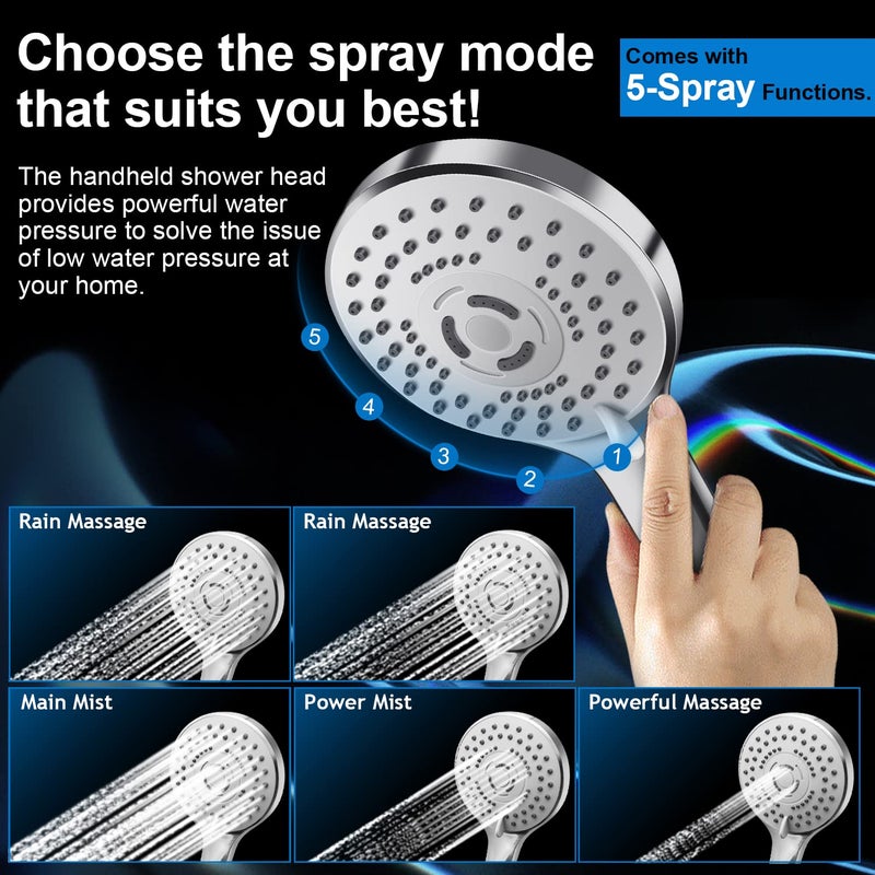 PinWin Modern 12" Large Square Rain Showerhead with 5 Modes Handheld Showerhead Combo, Adjustable Arm, Easy Tool-Free Installation - Image 4