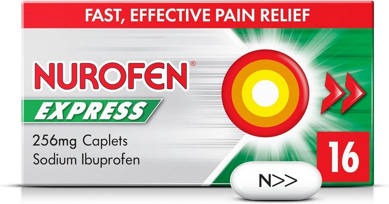 Nurofen Express Sodium Ibuprofen Caplets 256mg 16 Count FastActing Relief for Period Pain Headaches Migraines Cold Flu Symptoms - Image 1