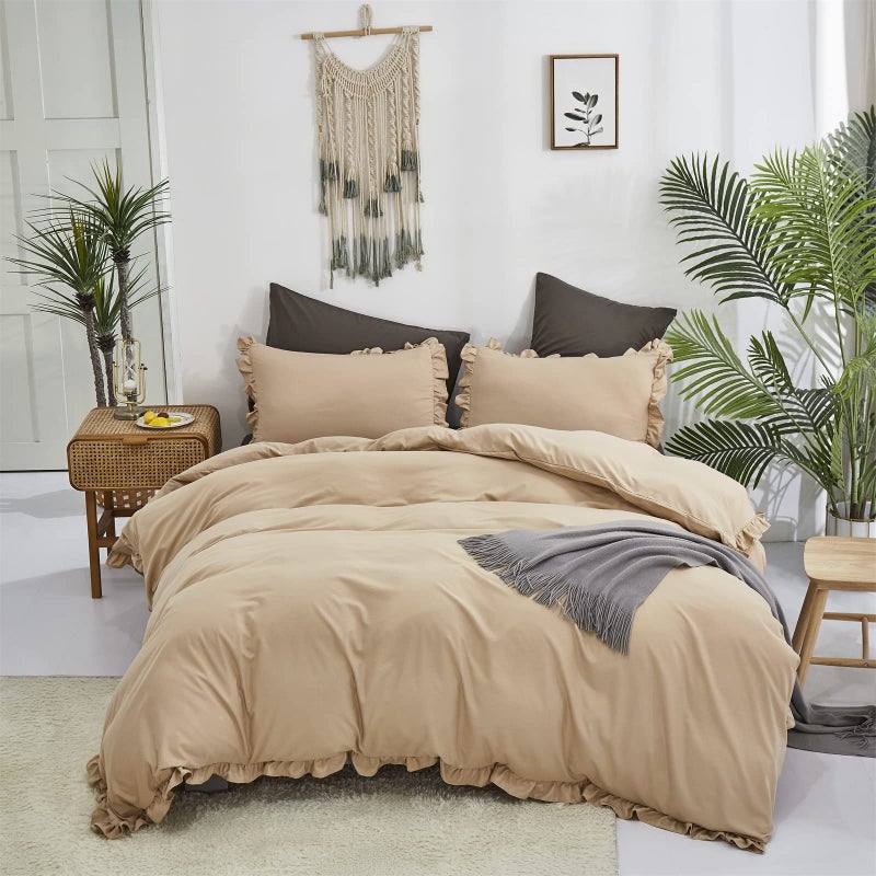 CLOTHKNOW Champagne Ruffles Queen Comforter Set 3Pcs Farmhouse Bedding Comforter Sets Soft Tan Comforter Khaki Taupe Comforter with 2 Pillow Cases