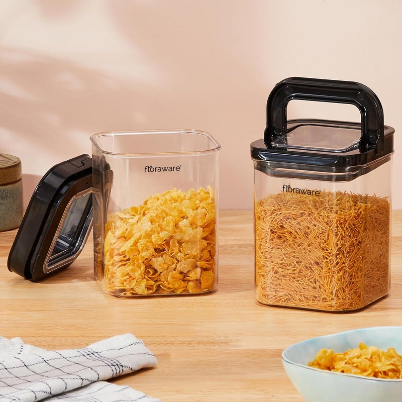 Floraware Food Safe Plastic Multiuse Square Lock Lock Airtight ContainerMultipurpose Jar Grocery Container 1150ml Set 2 BPA Free Black - Image 3