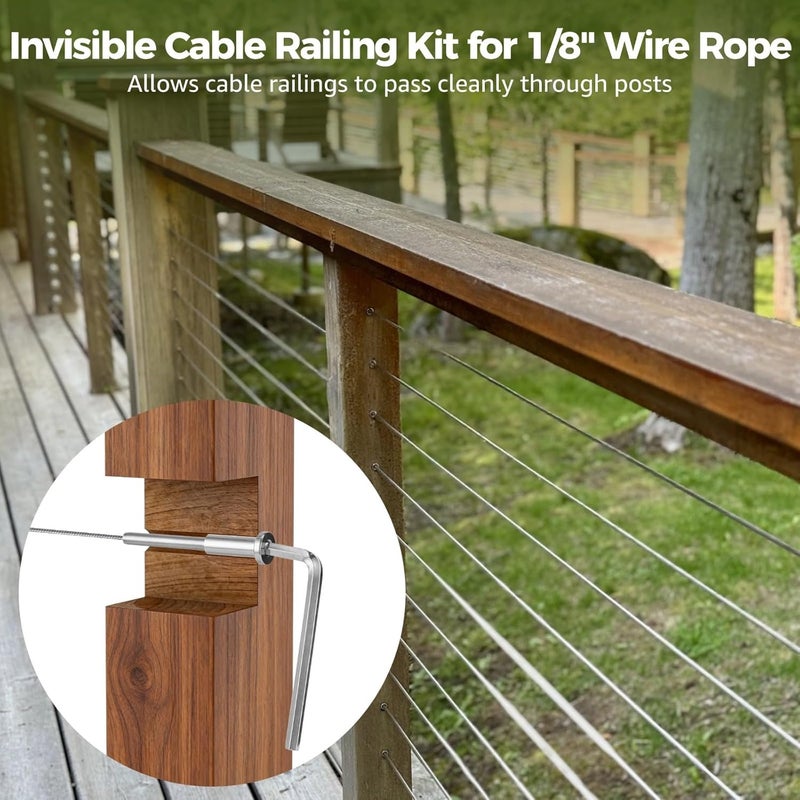Cable Railing Kit, 50 Pcs Invisible, for 1/8 in Wire Rope, Stainless Steel Swage Stud End with Invisible Receiver, with L-Shaped Hex Wrench, for 2 X 2 in Posts - Image 4