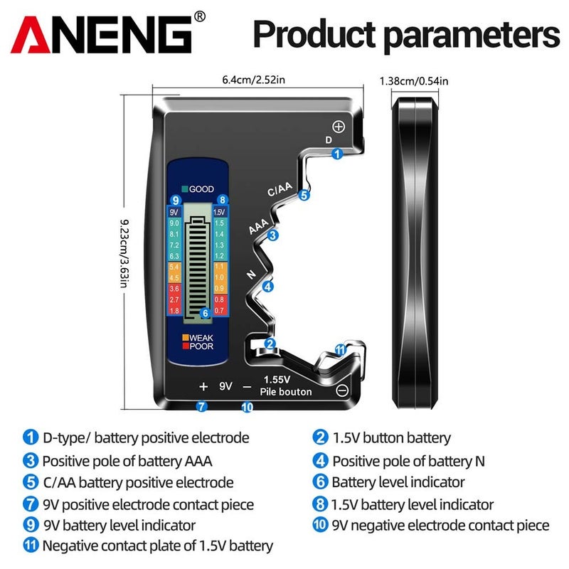 جهاز اختبار بطاريات الليثيوم الرقمي ANENG - متوافق عالميًا مع بطاريات AA وAAA وD وN و9V، مع محلل حمل ونتائج ملونة (جيد/خطأ/ضعيف/سيء)، تصميم مدمج للاستخدام المنزلي والمهني - Image 4