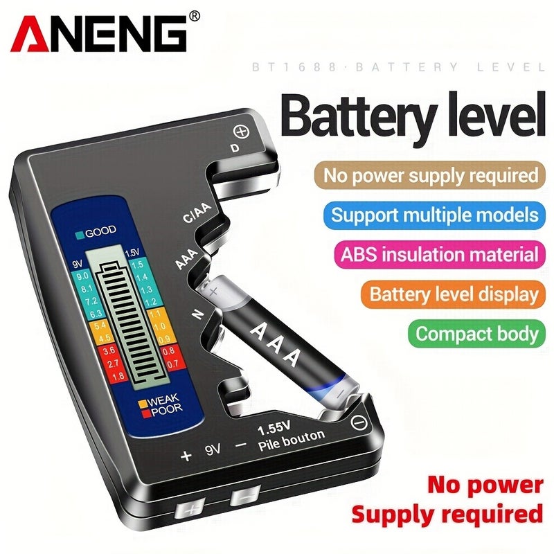 جهاز اختبار بطاريات الليثيوم الرقمي ANENG - متوافق عالميًا مع بطاريات AA وAAA وD وN و9V، مع محلل حمل ونتائج ملونة (جيد/خطأ/ضعيف/سيء)، تصميم مدمج للاستخدام المنزلي والمهني - Image 1