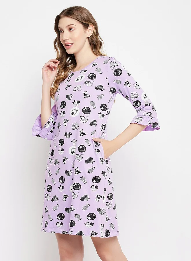 Clovia Clovia Sheep Print Long Sleep Tee in Lavender - 100% Cotton