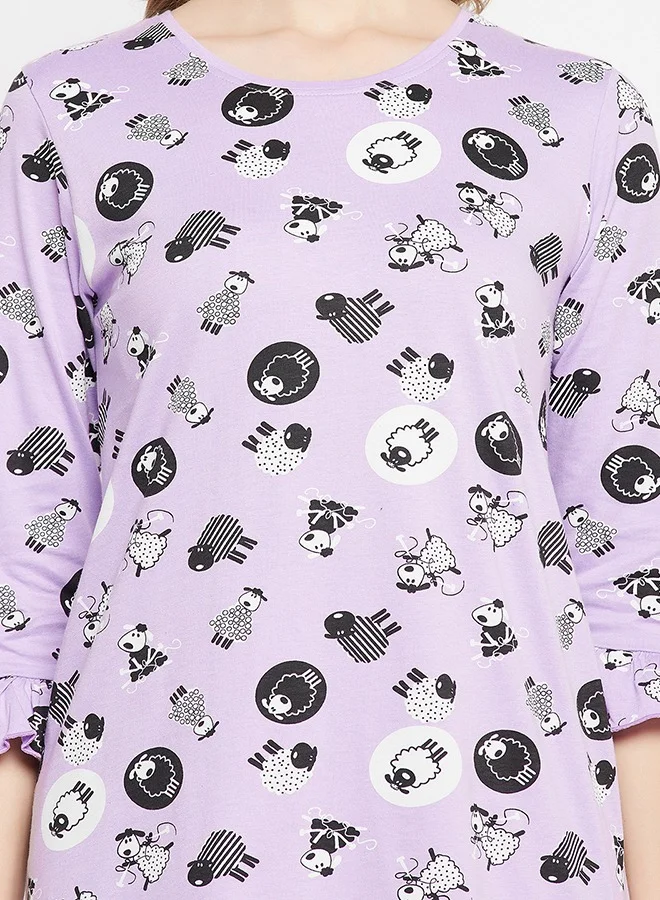Clovia Clovia Sheep Print Long Sleep Tee in Lavender - 100% Cotton