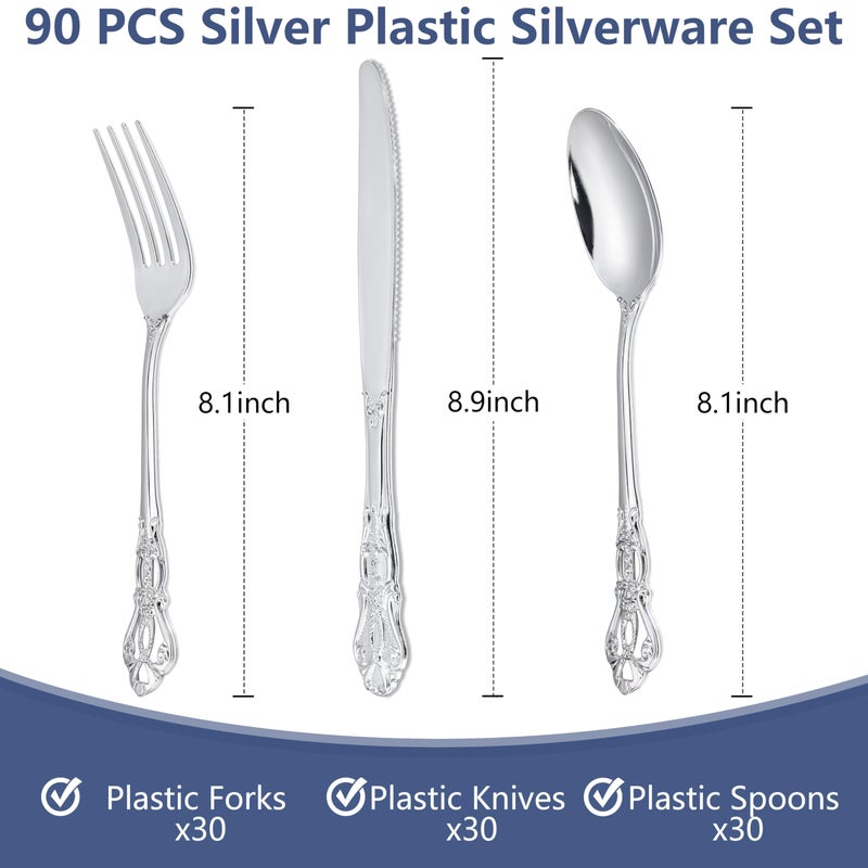 Joyido 90PCS Silver Plastic Silverware - Heavy Duty Silver Disposable Cutley - Fancy Plastic Utensils Flatware Include 30 Forks  30 Spoons  30 Knives for Catering  Parties  Dinners  Weddings - Image 1