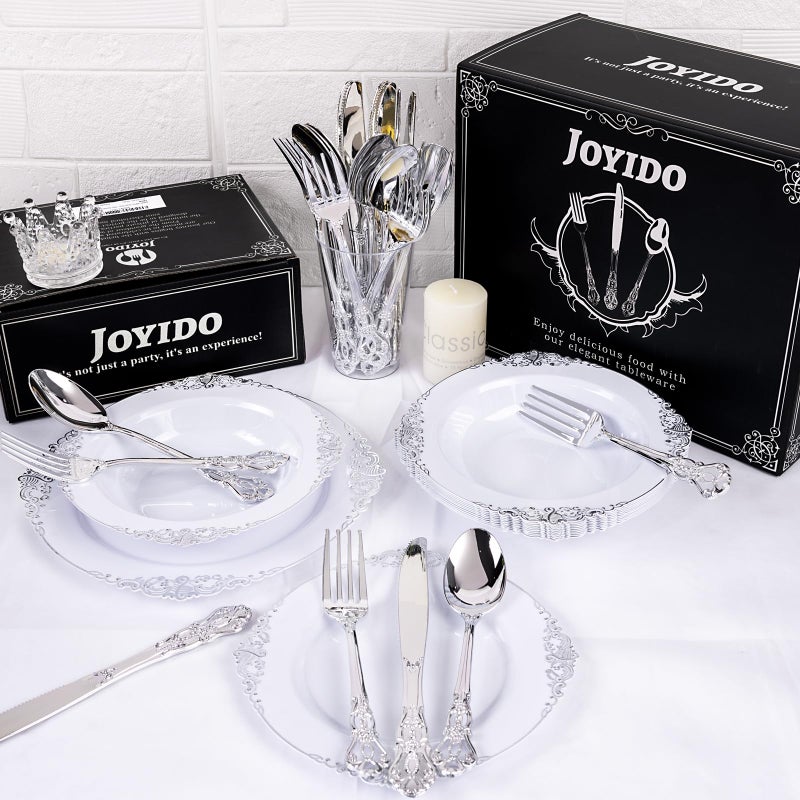Joyido 90PCS Silver Plastic Silverware - Heavy Duty Silver Disposable Cutley - Fancy Plastic Utensils Flatware Include 30 Forks  30 Spoons  30 Knives for Catering  Parties  Dinners  Weddings - Image 2