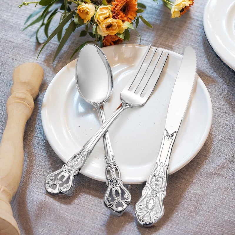 Joyido 90PCS Silver Plastic Silverware - Heavy Duty Silver Disposable Cutley - Fancy Plastic Utensils Flatware Include 30 Forks  30 Spoons  30 Knives for Catering  Parties  Dinners  Weddings - Image 3