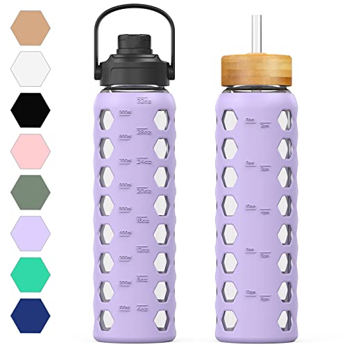MUKOKO MUKOKO 32oz Glass Water Bottles with 2 LidsHandle Spout LidBamboo Straw Lid Motivational Water Tumbler with Time Marker Reminder and Silicone Sleeve LeakproofPurple1 Pack 