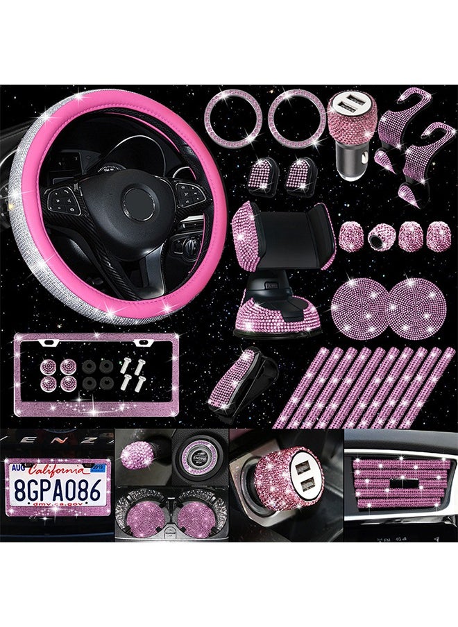 Generic 27 Pack Bling Car Accessories Set, Bling Steering Wheel Cover Women Universal Fit 15 Inch,License Plate Frame,Car Vent Outlet Trims, USB Charger, Car Phone Holder (Pink)  - Image 1