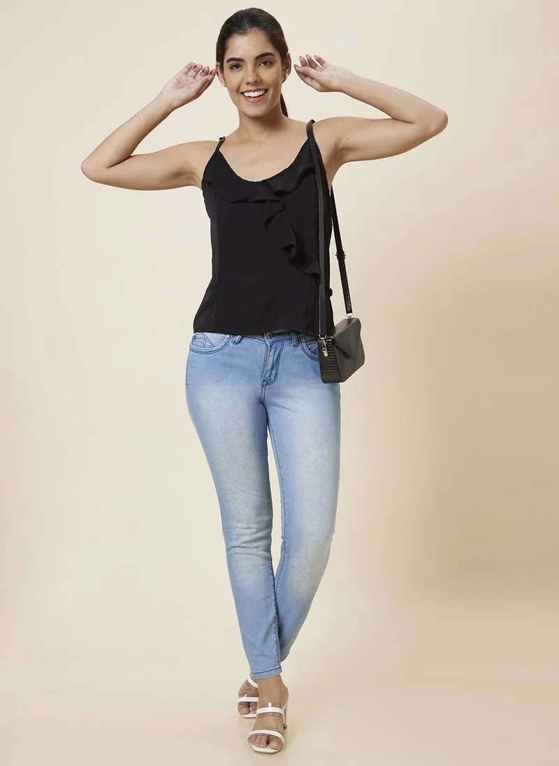globus Globus Women Black Shoulder Straps Ruffles Top