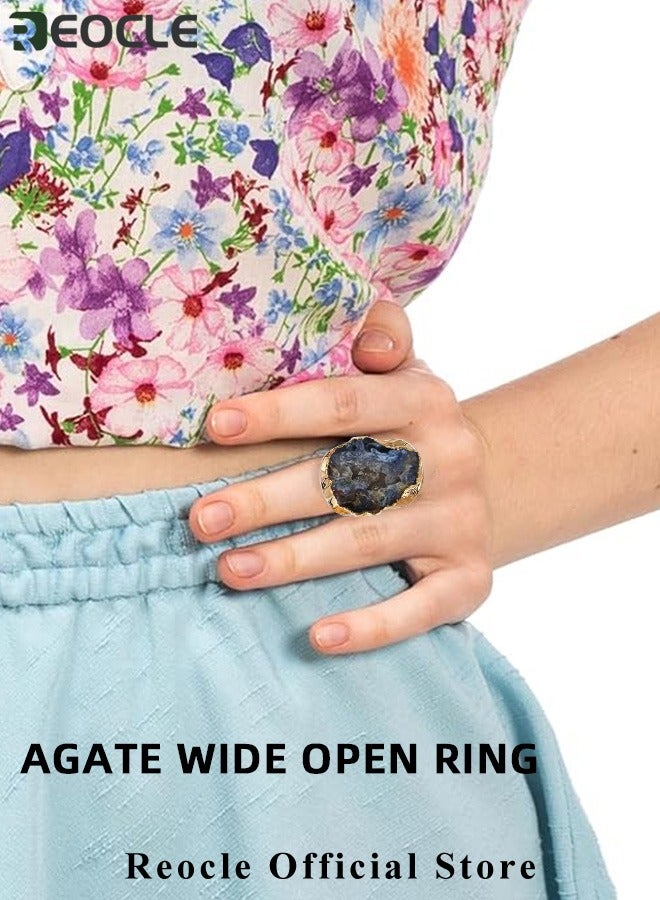 REOCLE Women's Gem Ring Adjustable Open Ring Jewelry with Irregular Cut Agate Exquisite and High-end Thumb Ring for Ladies as Gifts - Image 2