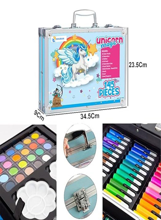 Shuban Deluxe Art Set Box & Drawing Kit with Crayons, Oil Pastels, Colored Pencil Deluxe Gift Art (145Pcs Unicorn-Blue) - Image 2