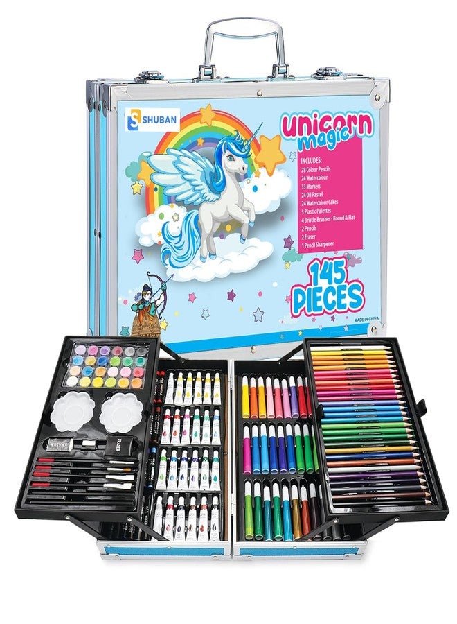 Shuban Deluxe Art Set Box & Drawing Kit with Crayons, Oil Pastels, Colored Pencil Deluxe Gift Art (145Pcs Unicorn-Blue) - Image 1