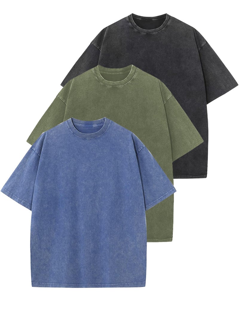 Arssm 3 Pack Men Oversized T Shirts Vintage Tee Loose Fit Short Sleeve Casual Streetwear Baggy Washed Unisex TopsBlackBlueArmyL - Image 2