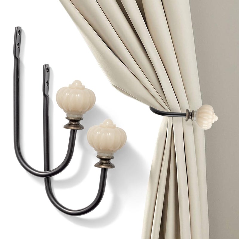 SIXZOONM Curtain Holdback, 2pcs Wall Mounted Drapery Tiebacks with White Pumpkin, Heavy Duty Metal Decorative Window Drapery Curtain Holder Curtain Hooks with Screws (White Pumpkin) - Image 1