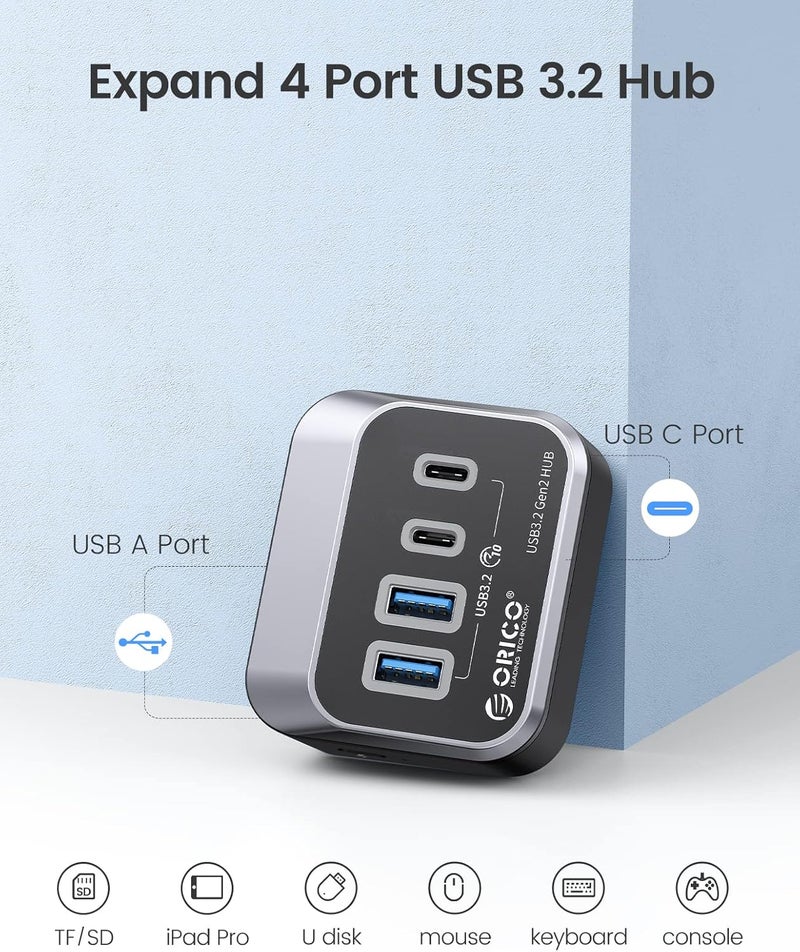 أوريكو موزع USB من بسرعة 10 جيجابت في الثانية مع منفذي USB A + منفذي USB C، موزع USB 3.2 الجيل الثاني مع كابل USB-C بطول 1.64 قدم ومحول USB-A، مقسم USB لأجهزة iMac وMacBooks وMac mini - Image 4