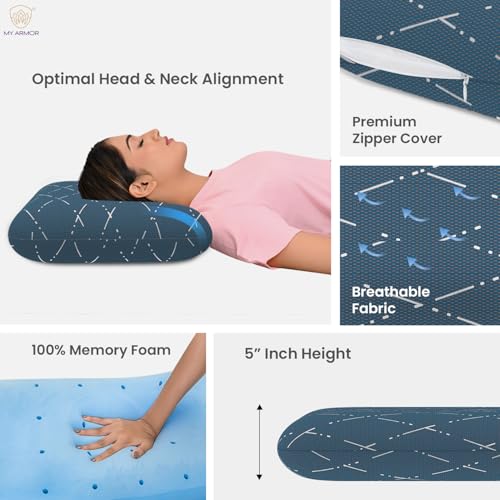 MY ARMOR Cool Gel Memory Foam Pillow, King Size - 5 Inch Thick, Orthopedic Pillows for Sleeping, Pillow for Neck Pain and Shoulder Pain, Washable Blue Checks Cover - Pack of 1 - Image 3