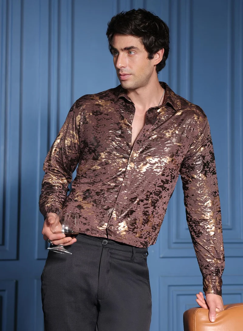 Campus Sutra Men Camou-Foil Imprint Shirt | Spread Collar, Long Button-Cuff Sleeves | Button , Curved Hem | Abstract Print Foil | Woven Fabric For Evening & Party Wear | Coffee Brown