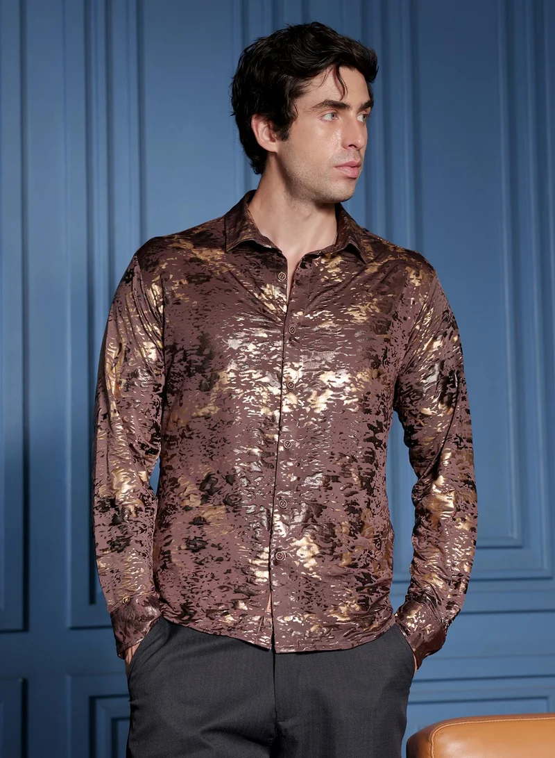 Campus Sutra Men Camou-Foil Imprint Shirt | Spread Collar, Long Button-Cuff Sleeves | Button , Curved Hem | Abstract Print Foil | Woven Fabric For Evening & Party Wear | Coffee Brown