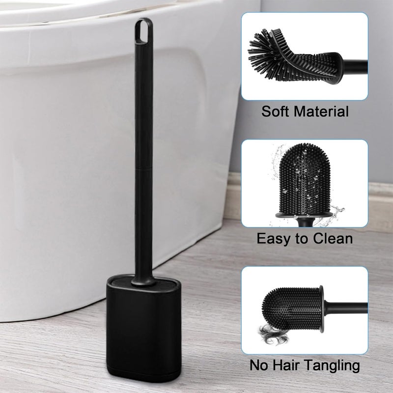 JIMACRO Soft Toilet Brush Silicone Long Handle Deep Cleaner Toilet Brushes and Holder for Bathroom, Flooring/Wall Mounted Soft Bristle Toilet Brush, Black - Image 3