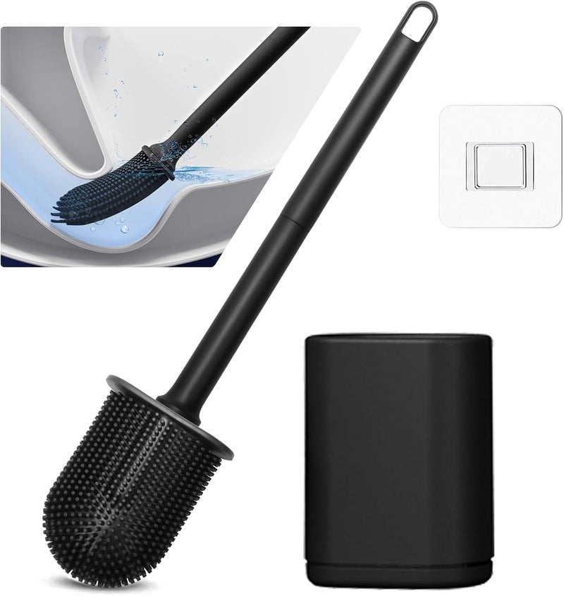 JIMACRO Soft Toilet Brush Silicone Long Handle Deep Cleaner Toilet Brushes and Holder for Bathroom, Flooring/Wall Mounted Soft Bristle Toilet Brush, Black - Image 1