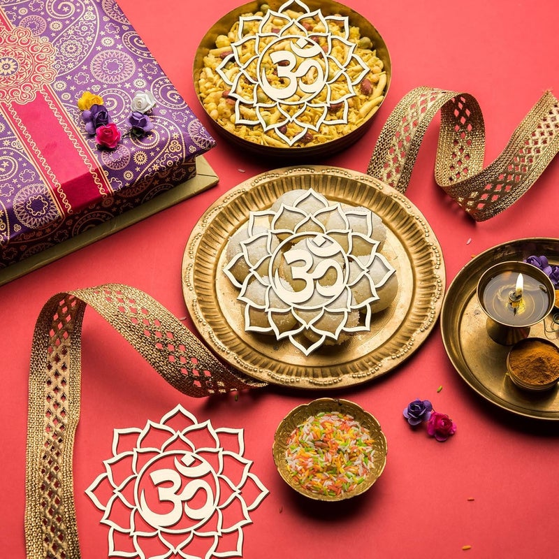 American-Elm American Elm 12 Pcs Happy Diwali Puja Decorations for Home Om Shape Lotus Flower Wooden Plate Decor Table Decorations (4.7 Inch)  - Image 2