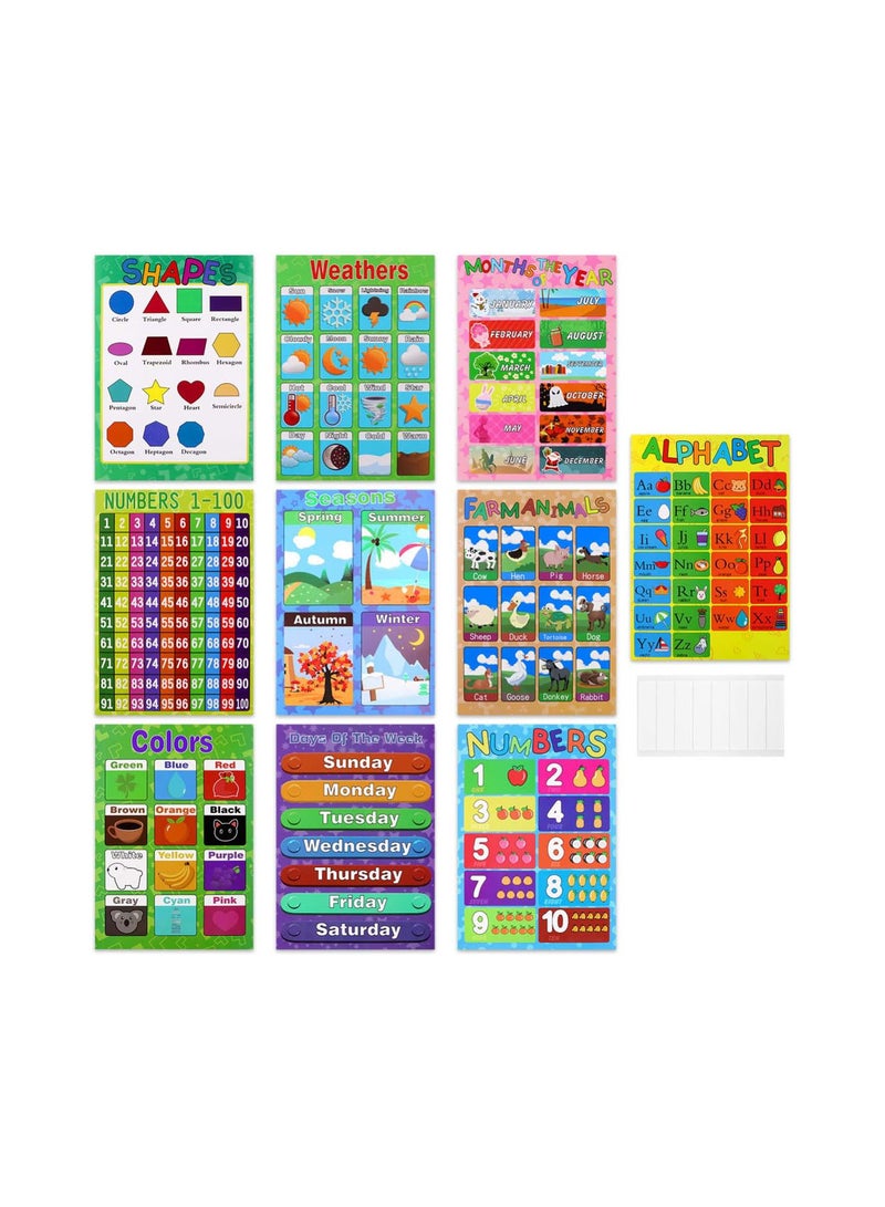 GGOOT 10PCS Educational Preschool Poster, Educational Posters with 32pcs Glue Point Dot for Teaching Numbers Alphabet Colors Days and More - Image 1